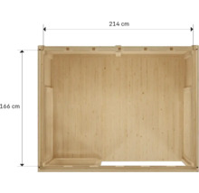 Binnenaanzicht van een houten tuinhuis met de afmetingen 214 bij 166 centimeter.