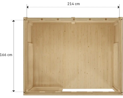 Binnenaanzicht van een houten tuinhuis met de afmetingen 214 bij 166 centimeter.