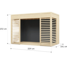 Houten paviljoen met de afmetingen 232 cm hoog, 339 cm breed en 181 cm diep.
