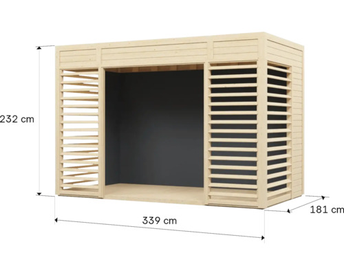 Houten paviljoen met de afmetingen 232 cm hoog, 339 cm breed en 181 cm diep.