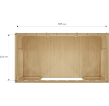 Interieurbeeld van een houten huis met afmetingen van 325 x 166 cm