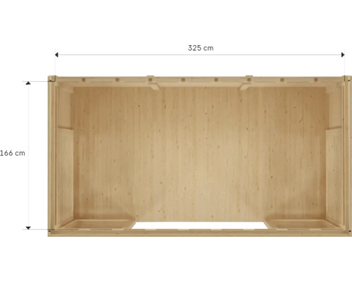 Interieurbeeld van een houten huis met afmetingen van 325 x 166 cm