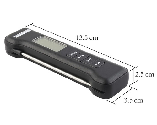 Digitale vleesthermometer met roestvrijstalen sensor en display voor temperatuurmeting.