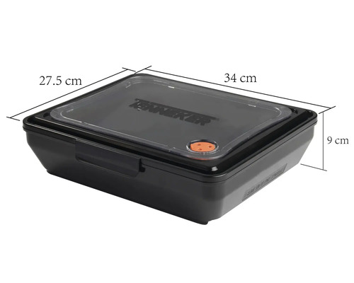 Zwarte kunststof vershouddoos met de afmetingen 34 bij 27,5 bij 9 centimeter.