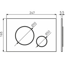 Technische tekening van een plaat met twee boringen, diameter 90 mm en 50 mm, afmetingen 247 mm x 165 mm