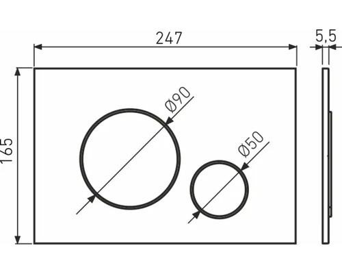Technische tekening van een plaat met twee boringen, diameter 90 mm en 50 mm, afmetingen 247 mm x 165 mm