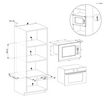 Technische tekening met afmetingen in millimeter voor de inbouw van een magnetron en oven in een hoge keukenkast.