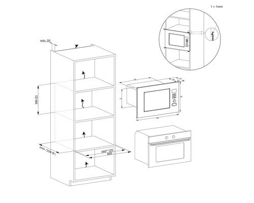 Technische tekening met afmetingen in millimeter voor de inbouw van een magnetron en oven in een hoge keukenkast.