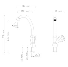 Technische tekening van een keukenkraan met afmetingen