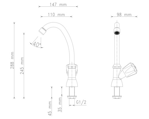 Technische tekening van een keukenkraan met afmetingen