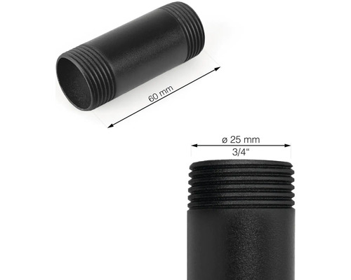 Zwarte pijpnippel met een diameter van 25 mm en een lengte van 60 mm