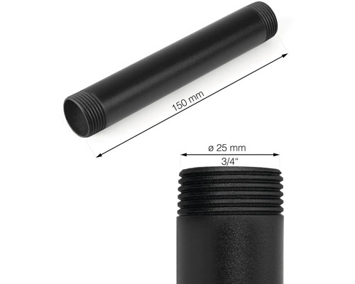 Zwarte buis met een diameter van 25 mm en een lengte van 150 mm