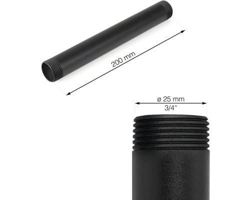 Zwarte stalen buis met een diameter van 25 mm en een lengte van 200 mm