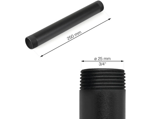 Zwarte buis met schroefdraad, 250 mm lang en 25 mm diameter