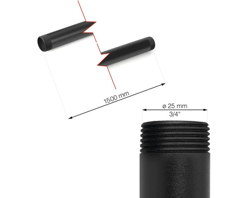 Afbeelding van een zwarte stalen buis met een lengte van 1500 mm en een diameter van 25 mm.