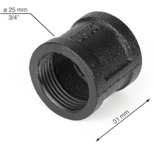 Zwarte smeedijzeren verloopstuk met een diameter van 25 mm