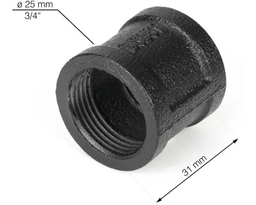 Zwarte smeedijzeren verloopstuk met een diameter van 25 mm