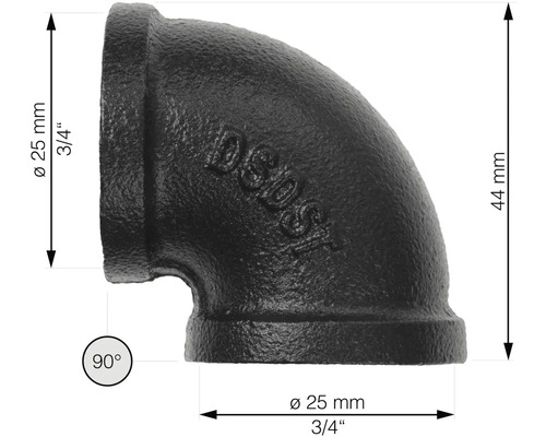 90 graden buiskoppeling van nodulair gietijzer, 25 mm diameter