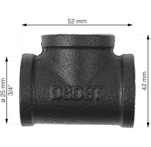 Afbeelding van een T-stuk van gietijzer met afmetingen van 52 mm breed en 42 mm hoog.