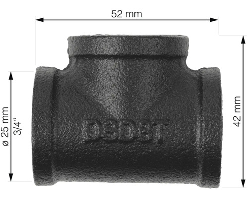 Afbeelding van een T-stuk van gietijzer met afmetingen van 52 mm breed en 42 mm hoog.