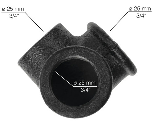 Zwart T-stuk van gietijzer met een diameter van 25 mm