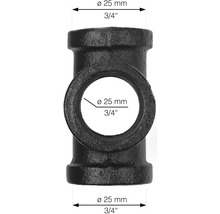 Zwart T-stuk van gietijzer, diameter 25 millimeter, schroefdraad 3/4 inch