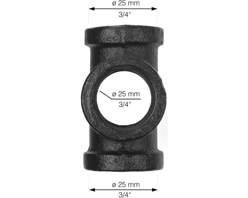 Zwart T-stuk van gietijzer, diameter 25 millimeter, schroefdraad 3/4 inch