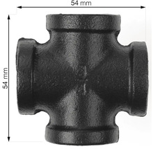 Zwart smeedijzeren fitting kruisstuk met een afmeting van 54 mm.