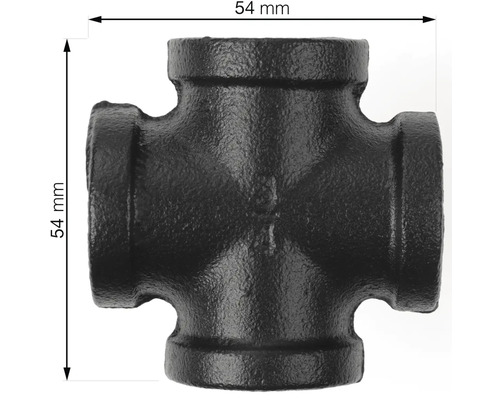 Zwart smeedijzeren fitting kruisstuk met een afmeting van 54 mm.