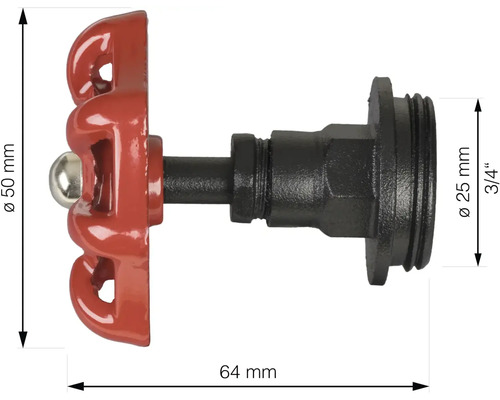 Metalen ventielkraan met een diameter van 25 millimeter (3/4 inch) en een hoogte van 50 millimeter