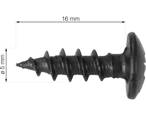 Een snelbouwschroef van 16 millimeter lang en 5 millimeter dik.