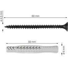 Afbeelding van een schroef van 60 millimeter met een diameter van 4,5 millimeter en een plug van 50 millimeter met een diameter van 6 millimeter.