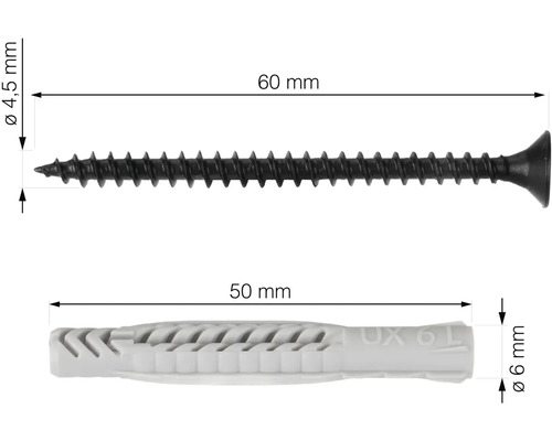 Afbeelding van een schroef van 60 millimeter met een diameter van 4,5 millimeter en een plug van 50 millimeter met een diameter van 6 millimeter.