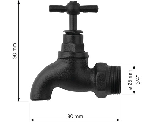 Metalen waterkraan, 90 mm hoog, 80 mm breed, diameter 25 mm