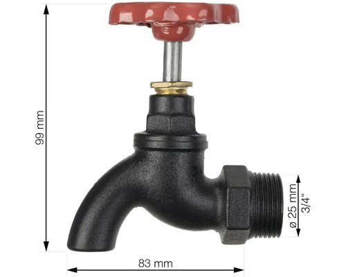 Waterkraan met een diameter van 25 millimeter en een 3/4 inch aansluiting