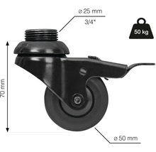 Zwenkwiel met schroefdraad, 50 millimeter wieldiameter en 50 kilogram draagvermogen