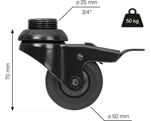 Zwenkwiel met schroefdraad, 50 millimeter wieldiameter en 50 kilogram draagvermogen