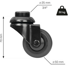 Zwenkwiel met schroefdraad, 50 kilogram draagvermogen, diameter 50 millimeter