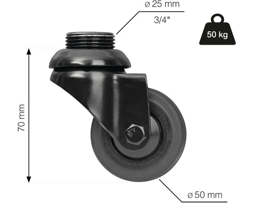 Zwenkwiel met schroefdraad, 50 kilogram draagvermogen, diameter 50 millimeter