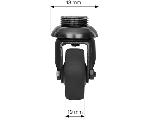 Meubelwiel met schroefdraad en afmetingen 43 mm en 19 mm