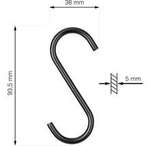 Technische tekening van een S-haak met de afmetingen 93,5 mm lengte, 38 mm breedte en 5 mm materiaaldikte