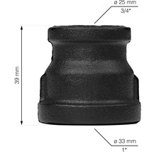 Zwarte pijpverloopstuk met afmetingen van 25 millimeter naar 33 millimeter en een hoogte van 39 millimeter.