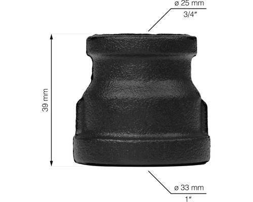 Zwarte pijpverloopstuk met afmetingen van 25 millimeter naar 33 millimeter en een hoogte van 39 millimeter.