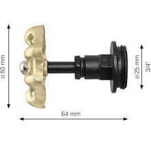 Afsluitklep van messing met de afmetingen 50, 25 en 64 millimeter