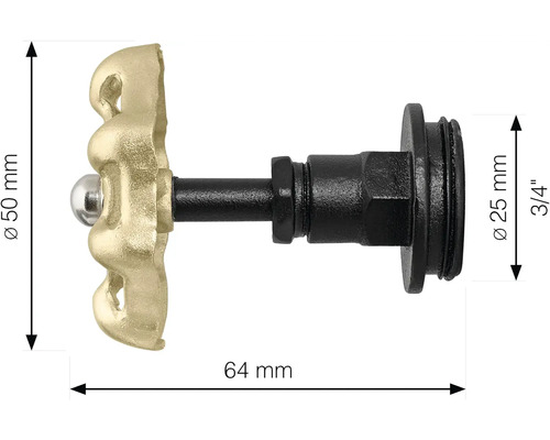 Afsluitklep van messing met de afmetingen 50, 25 en 64 millimeter