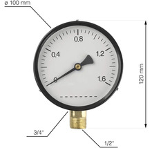 Manometer met een diameter van 100 mm en een hoogte van 120 mm, voorzien van een 3/4-inch en een 1/2-inch aansluiting