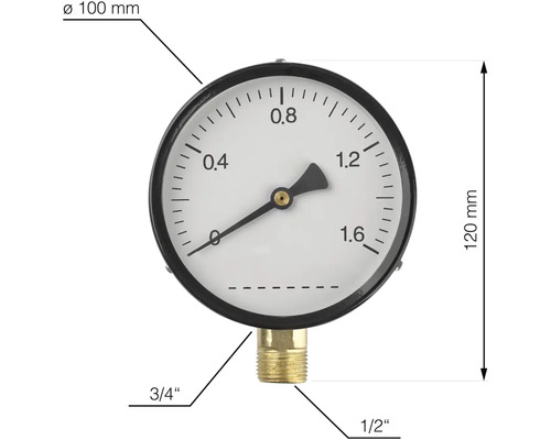 Manometer met een diameter van 100 mm en een hoogte van 120 mm, voorzien van een 3/4-inch en een 1/2-inch aansluiting