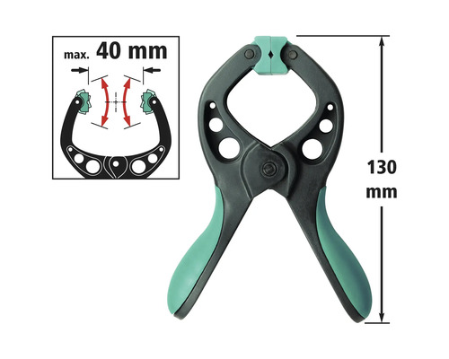 Veerklem met een lengte van 130 mm en een maximale spanwijdte van 40 mm.