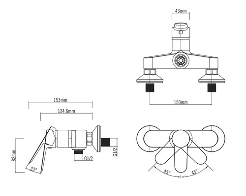 Technische tekening van een kraan met maatvoering