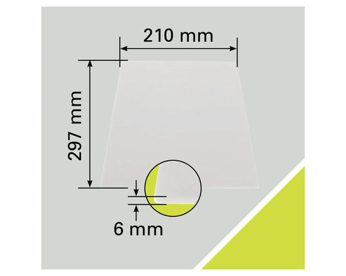 Technische tekening van een plaat met de afmetingen 210 millimeter bij 297 millimeter en een dikte van 6 millimeter.